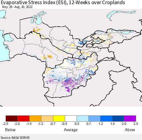 Central Asia Evaporative Stress Index (ESI), 12-Weeks over Croplands Thematic Map For 8/15/2022 - 8/21/2022