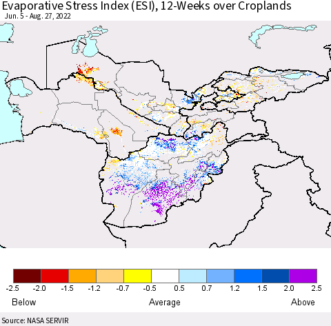 Central Asia Evaporative Stress Index (ESI), 12-Weeks over Croplands Thematic Map For 8/22/2022 - 8/28/2022