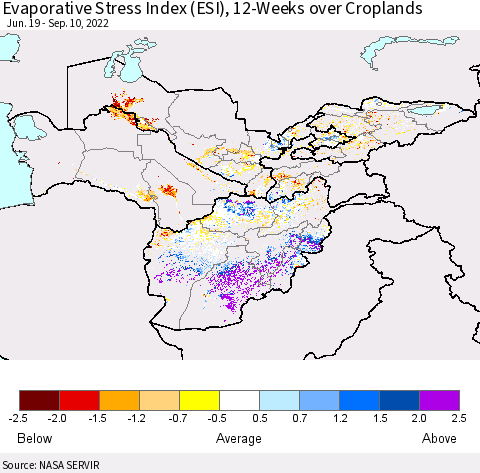 Central Asia Evaporative Stress Index (ESI), 12-Weeks over Croplands Thematic Map For 9/5/2022 - 9/11/2022