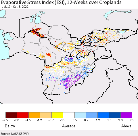 Central Asia Evaporative Stress Index (ESI), 12-Weeks over Croplands Thematic Map For 10/3/2022 - 10/9/2022