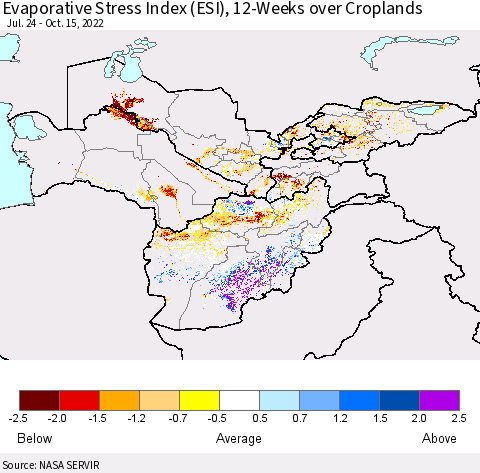 Central Asia Evaporative Stress Index (ESI), 12-Weeks over Croplands Thematic Map For 10/10/2022 - 10/16/2022