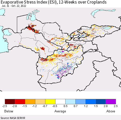 Central Asia Evaporative Stress Index (ESI), 12-Weeks over Croplands Thematic Map For 10/17/2022 - 10/23/2022