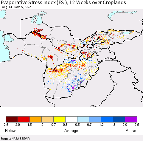 Central Asia Evaporative Stress Index (ESI), 12-Weeks over Croplands Thematic Map For 10/31/2022 - 11/6/2022