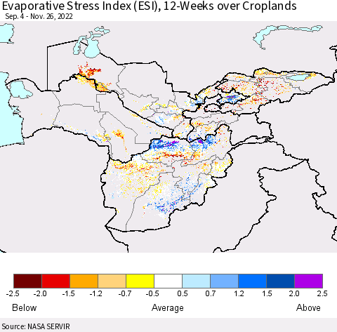 Central Asia Evaporative Stress Index (ESI), 12-Weeks over Croplands Thematic Map For 11/21/2022 - 11/27/2022
