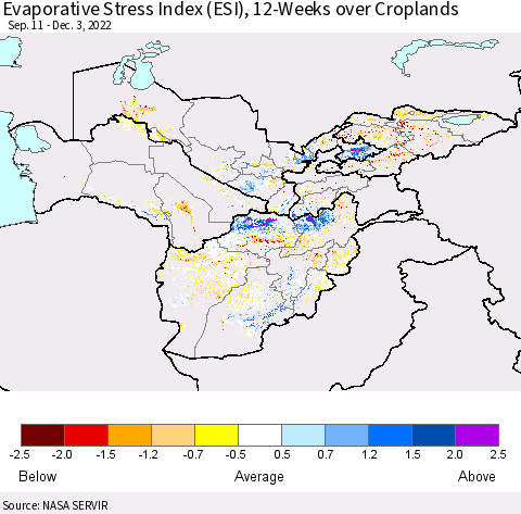 Central Asia Evaporative Stress Index (ESI), 12-Weeks over Croplands Thematic Map For 11/28/2022 - 12/4/2022