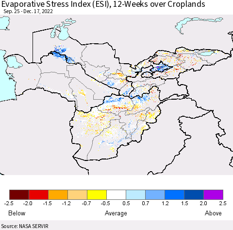 Central Asia Evaporative Stress Index (ESI), 12-Weeks over Croplands Thematic Map For 12/12/2022 - 12/18/2022