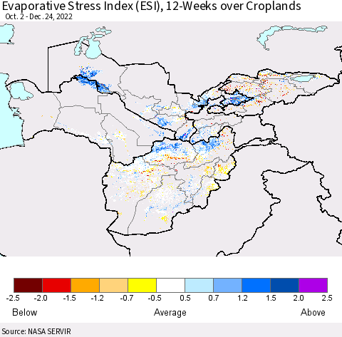Central Asia Evaporative Stress Index (ESI), 12-Weeks over Croplands Thematic Map For 12/19/2022 - 12/25/2022
