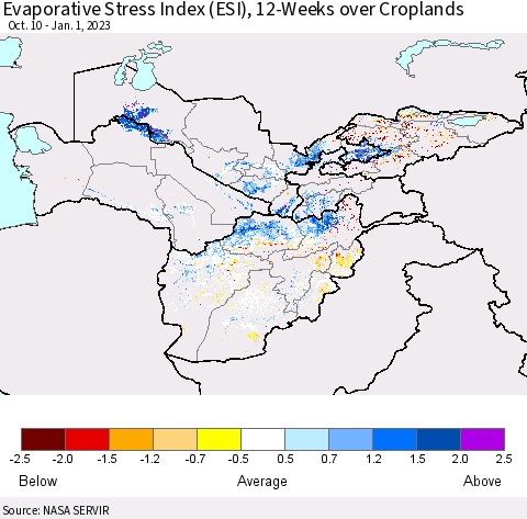 Central Asia Evaporative Stress Index (ESI), 12-Weeks over Croplands Thematic Map For 12/26/2022 - 1/1/2023