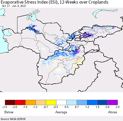 Central Asia Evaporative Stress Index (ESI), 12-Weeks over Croplands Thematic Map For 1/2/2023 - 1/8/2023