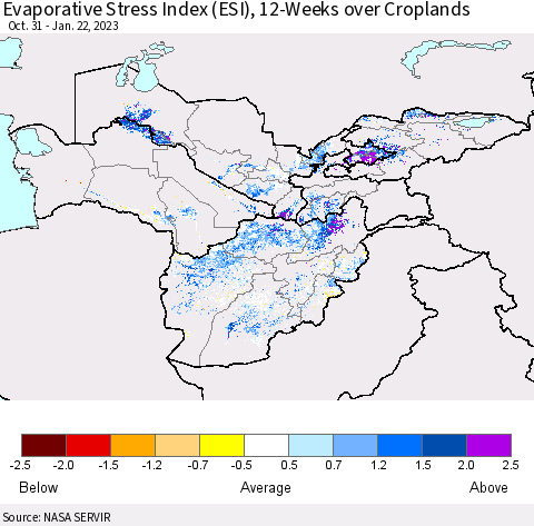 Central Asia Evaporative Stress Index (ESI), 12-Weeks over Croplands Thematic Map For 1/16/2023 - 1/22/2023