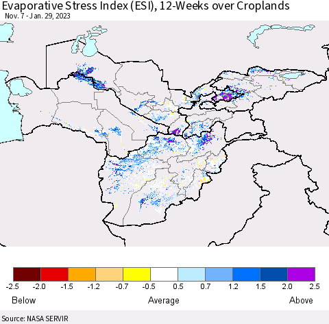 Central Asia Evaporative Stress Index (ESI), 12-Weeks over Croplands Thematic Map For 1/23/2023 - 1/29/2023