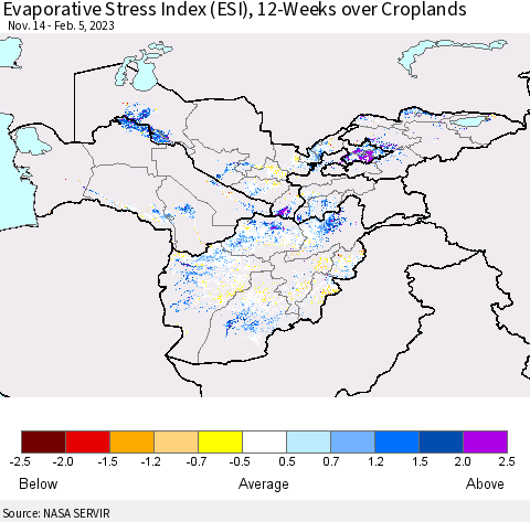 Central Asia Evaporative Stress Index (ESI), 12-Weeks over Croplands Thematic Map For 1/30/2023 - 2/5/2023