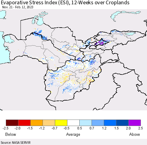 Central Asia Evaporative Stress Index (ESI), 12-Weeks over Croplands Thematic Map For 2/6/2023 - 2/12/2023