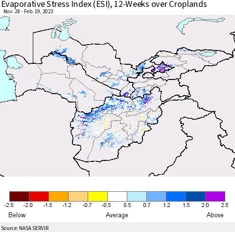 Central Asia Evaporative Stress Index (ESI), 12-Weeks over Croplands Thematic Map For 2/13/2023 - 2/19/2023