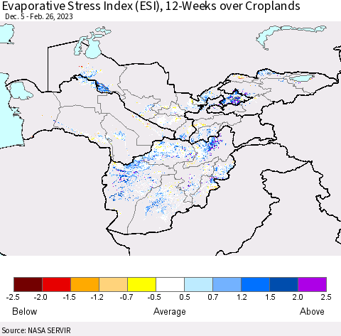 Central Asia Evaporative Stress Index (ESI), 12-Weeks over Croplands Thematic Map For 2/20/2023 - 2/26/2023
