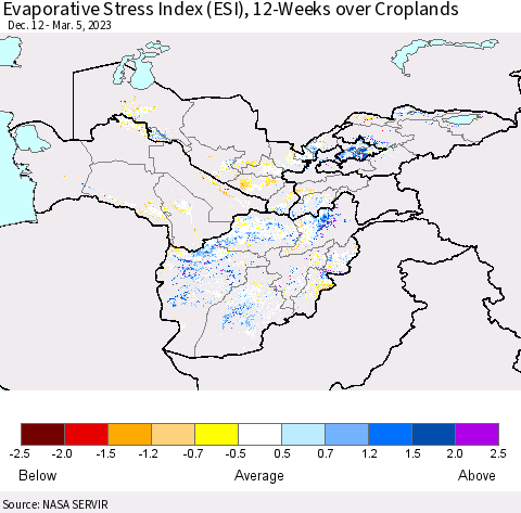 Central Asia Evaporative Stress Index (ESI), 12-Weeks over Croplands Thematic Map For 2/27/2023 - 3/5/2023