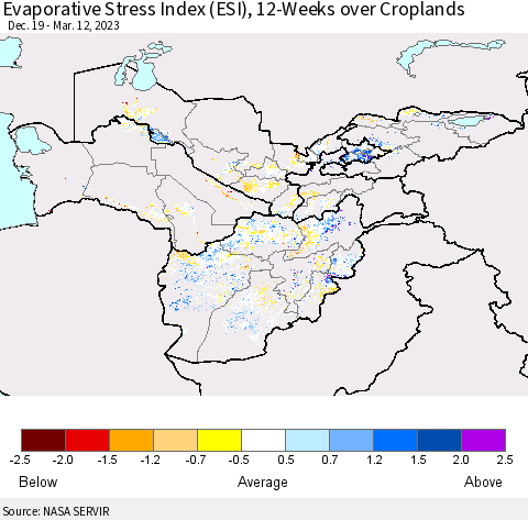 Central Asia Evaporative Stress Index (ESI), 12-Weeks over Croplands Thematic Map For 3/6/2023 - 3/12/2023