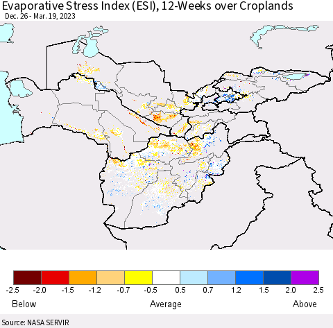 Central Asia Evaporative Stress Index (ESI), 12-Weeks over Croplands Thematic Map For 3/13/2023 - 3/19/2023