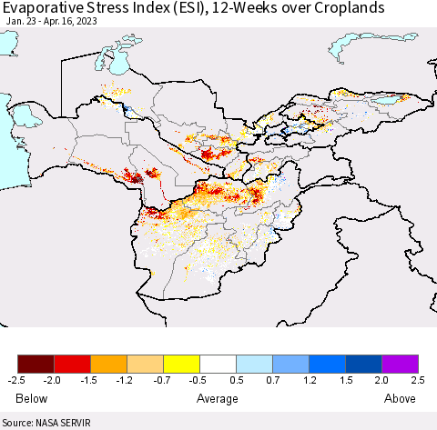Central Asia Evaporative Stress Index (ESI), 12-Weeks over Croplands Thematic Map For 4/10/2023 - 4/16/2023