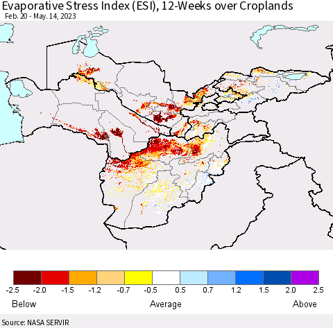 Central Asia Evaporative Stress Index (ESI), 12-Weeks over Croplands Thematic Map For 5/8/2023 - 5/14/2023