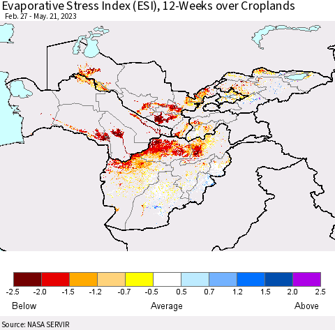 Central Asia Evaporative Stress Index (ESI), 12-Weeks over Croplands Thematic Map For 5/15/2023 - 5/21/2023