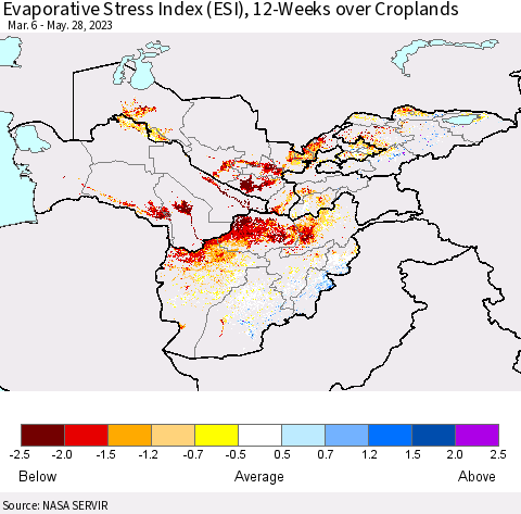 Central Asia Evaporative Stress Index (ESI), 12-Weeks over Croplands Thematic Map For 5/22/2023 - 5/28/2023