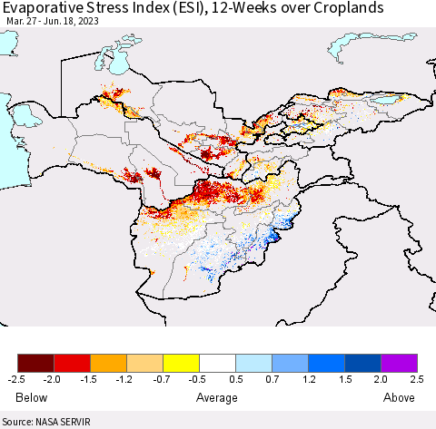 Central Asia Evaporative Stress Index (ESI), 12-Weeks over Croplands Thematic Map For 6/12/2023 - 6/18/2023