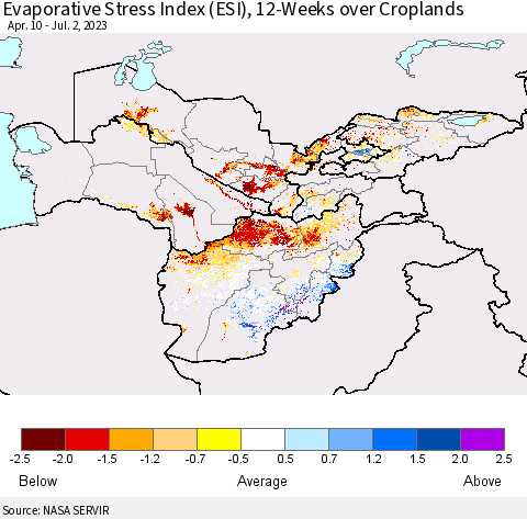 Central Asia Evaporative Stress Index (ESI), 12-Weeks over Croplands Thematic Map For 6/26/2023 - 7/2/2023