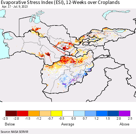 Central Asia Evaporative Stress Index (ESI), 12-Weeks over Croplands Thematic Map For 7/3/2023 - 7/9/2023