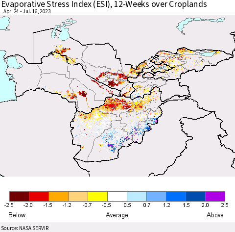 Central Asia Evaporative Stress Index (ESI), 12-Weeks over Croplands Thematic Map For 7/10/2023 - 7/16/2023