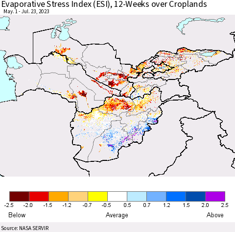 Central Asia Evaporative Stress Index (ESI), 12-Weeks over Croplands Thematic Map For 7/17/2023 - 7/23/2023