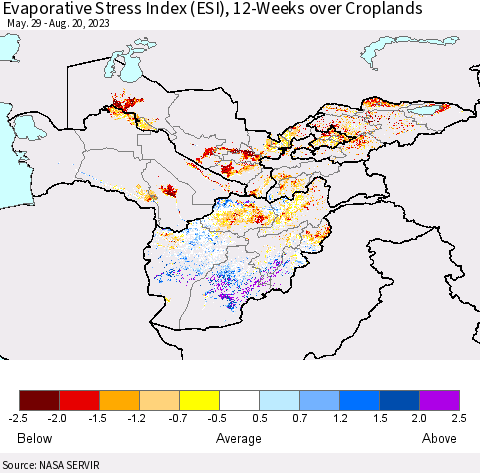 Central Asia Evaporative Stress Index (ESI), 12-Weeks over Croplands Thematic Map For 8/14/2023 - 8/20/2023