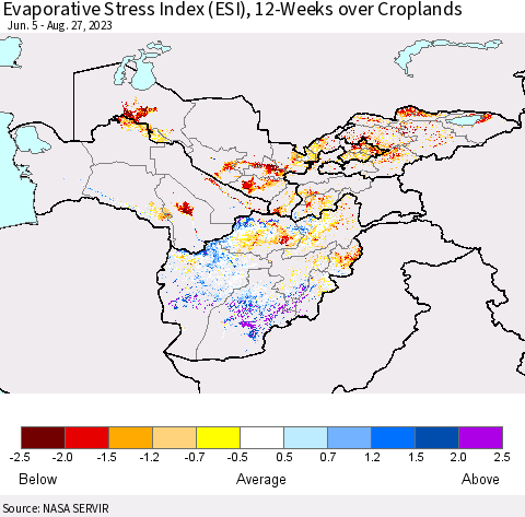 Central Asia Evaporative Stress Index (ESI), 12-Weeks over Croplands Thematic Map For 8/21/2023 - 8/27/2023