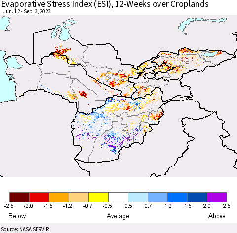 Central Asia Evaporative Stress Index (ESI), 12-Weeks over Croplands Thematic Map For 8/28/2023 - 9/3/2023