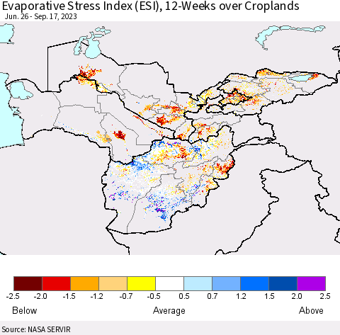 Central Asia Evaporative Stress Index (ESI), 12-Weeks over Croplands Thematic Map For 9/11/2023 - 9/17/2023