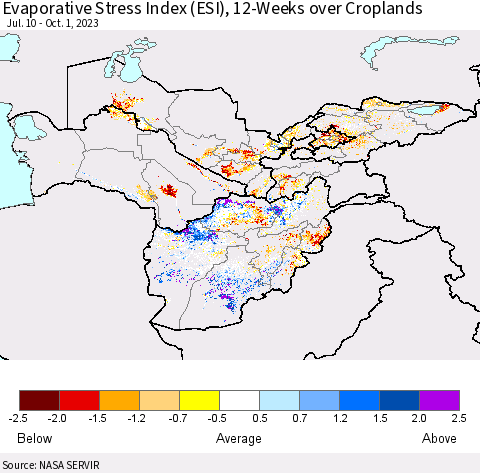 Central Asia Evaporative Stress Index (ESI), 12-Weeks over Croplands Thematic Map For 9/25/2023 - 10/1/2023