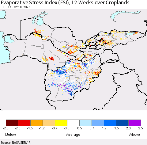 Central Asia Evaporative Stress Index (ESI), 12-Weeks over Croplands Thematic Map For 10/2/2023 - 10/8/2023