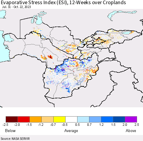 Central Asia Evaporative Stress Index (ESI), 12-Weeks over Croplands Thematic Map For 10/16/2023 - 10/22/2023