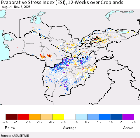 Central Asia Evaporative Stress Index (ESI), 12-Weeks over Croplands Thematic Map For 10/30/2023 - 11/5/2023