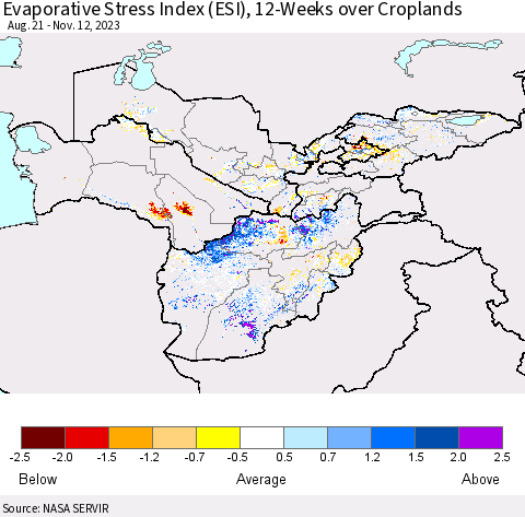 Central Asia Evaporative Stress Index (ESI), 12-Weeks over Croplands Thematic Map For 11/6/2023 - 11/12/2023
