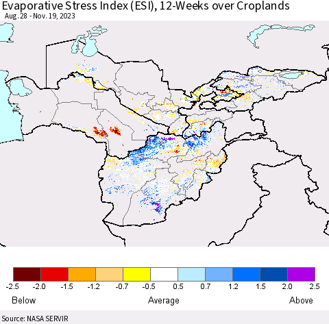Central Asia Evaporative Stress Index (ESI), 12-Weeks over Croplands Thematic Map For 11/13/2023 - 11/19/2023