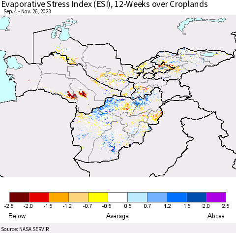 Central Asia Evaporative Stress Index (ESI), 12-Weeks over Croplands Thematic Map For 11/20/2023 - 11/26/2023