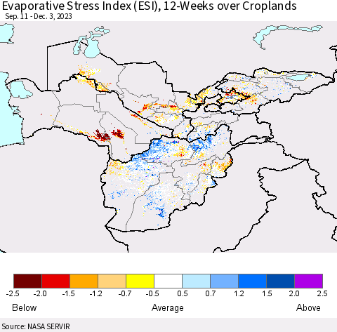 Central Asia Evaporative Stress Index (ESI), 12-Weeks over Croplands Thematic Map For 11/27/2023 - 12/3/2023