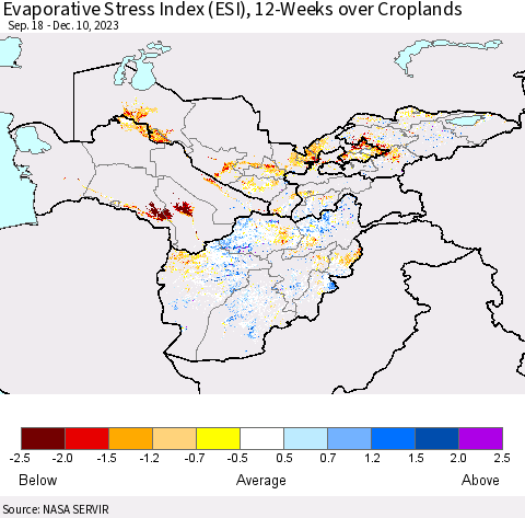 Central Asia Evaporative Stress Index (ESI), 12-Weeks over Croplands Thematic Map For 12/4/2023 - 12/10/2023