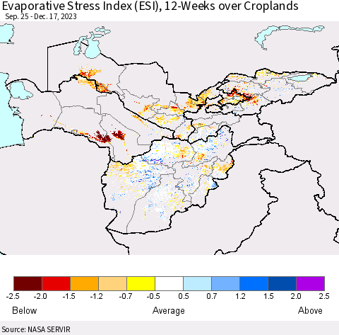 Central Asia Evaporative Stress Index (ESI), 12-Weeks over Croplands Thematic Map For 12/11/2023 - 12/17/2023