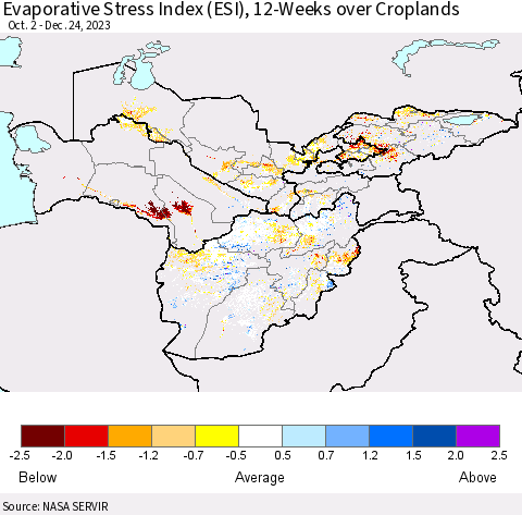Central Asia Evaporative Stress Index (ESI), 12-Weeks over Croplands Thematic Map For 12/18/2023 - 12/24/2023