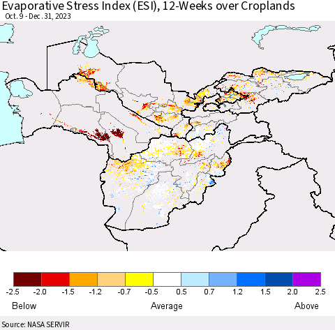 Central Asia Evaporative Stress Index (ESI), 12-Weeks over Croplands Thematic Map For 12/25/2023 - 12/31/2023