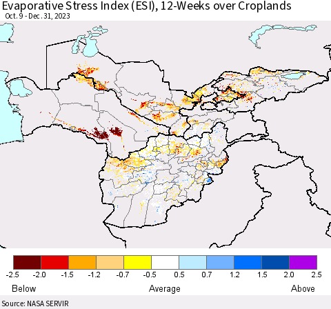 Central Asia Evaporative Stress Index (ESI), 12-Weeks over Croplands Thematic Map For 1/1/2024 - 1/7/2024