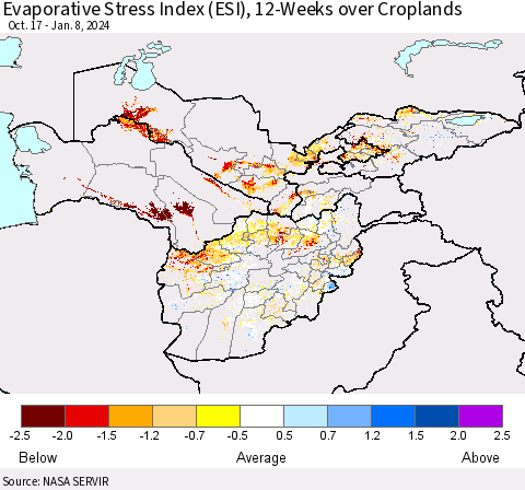 Central Asia Evaporative Stress Index (ESI), 12-Weeks over Croplands Thematic Map For 1/8/2024 - 1/14/2024