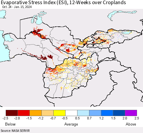 Central Asia Evaporative Stress Index (ESI), 12-Weeks over Croplands Thematic Map For 1/15/2024 - 1/21/2024